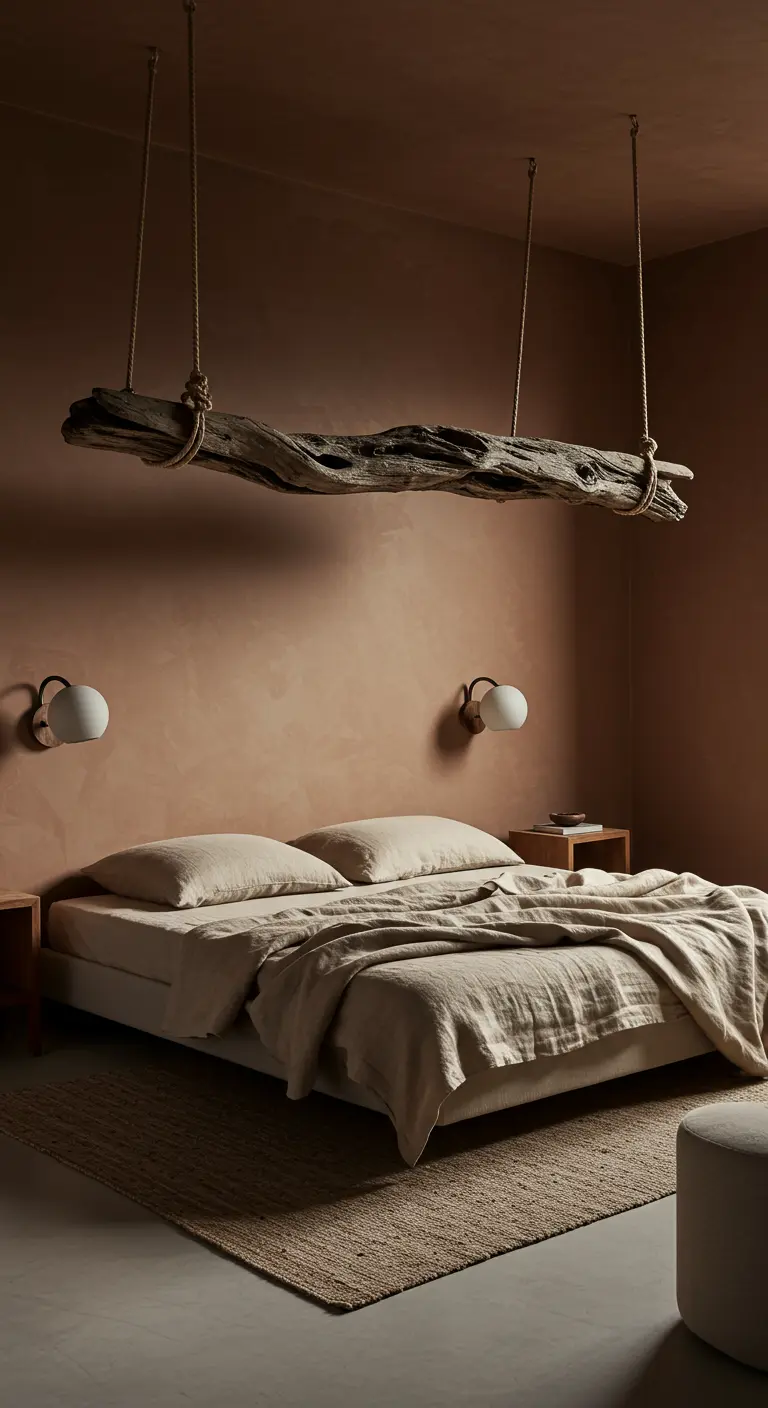 Grande et longue branche de bois flotté suspendue par des cordes au-dessus du lit.