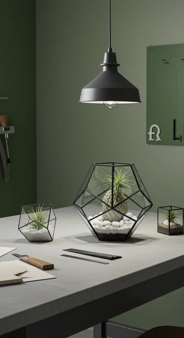 Terrariums géométriques noirs et verre avec plantes aériennes sur une surface en béton.