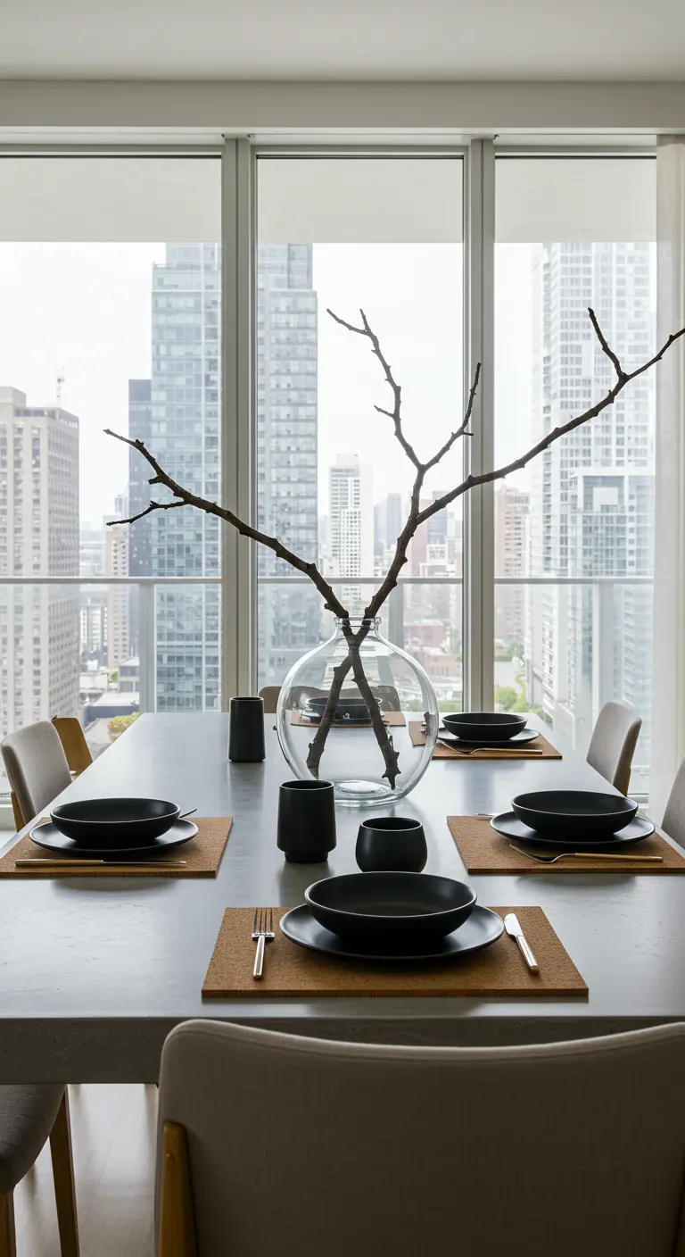 Table moderne minimaliste avec une branche sculpturale dans un grand vase en verre.