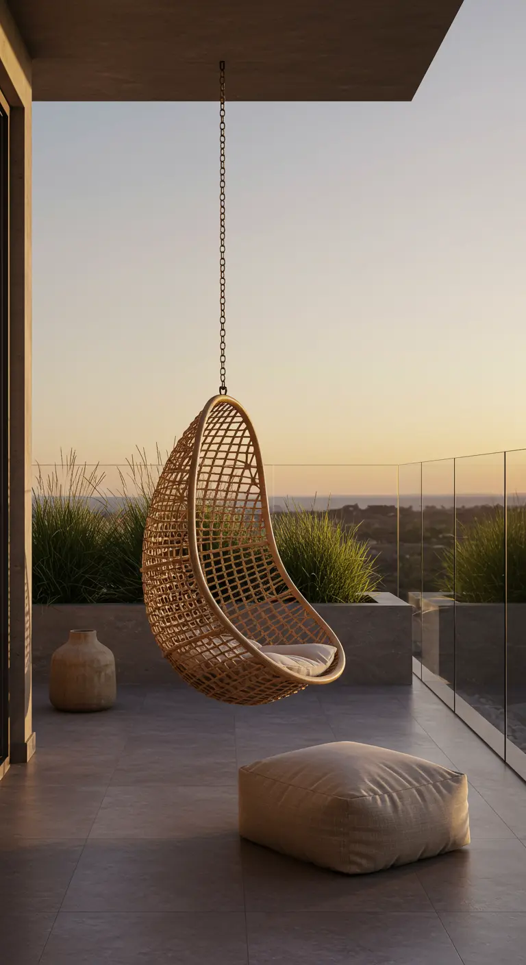 Fauteuil suspendu en rotin de forme organique sur une terrasse minimaliste.