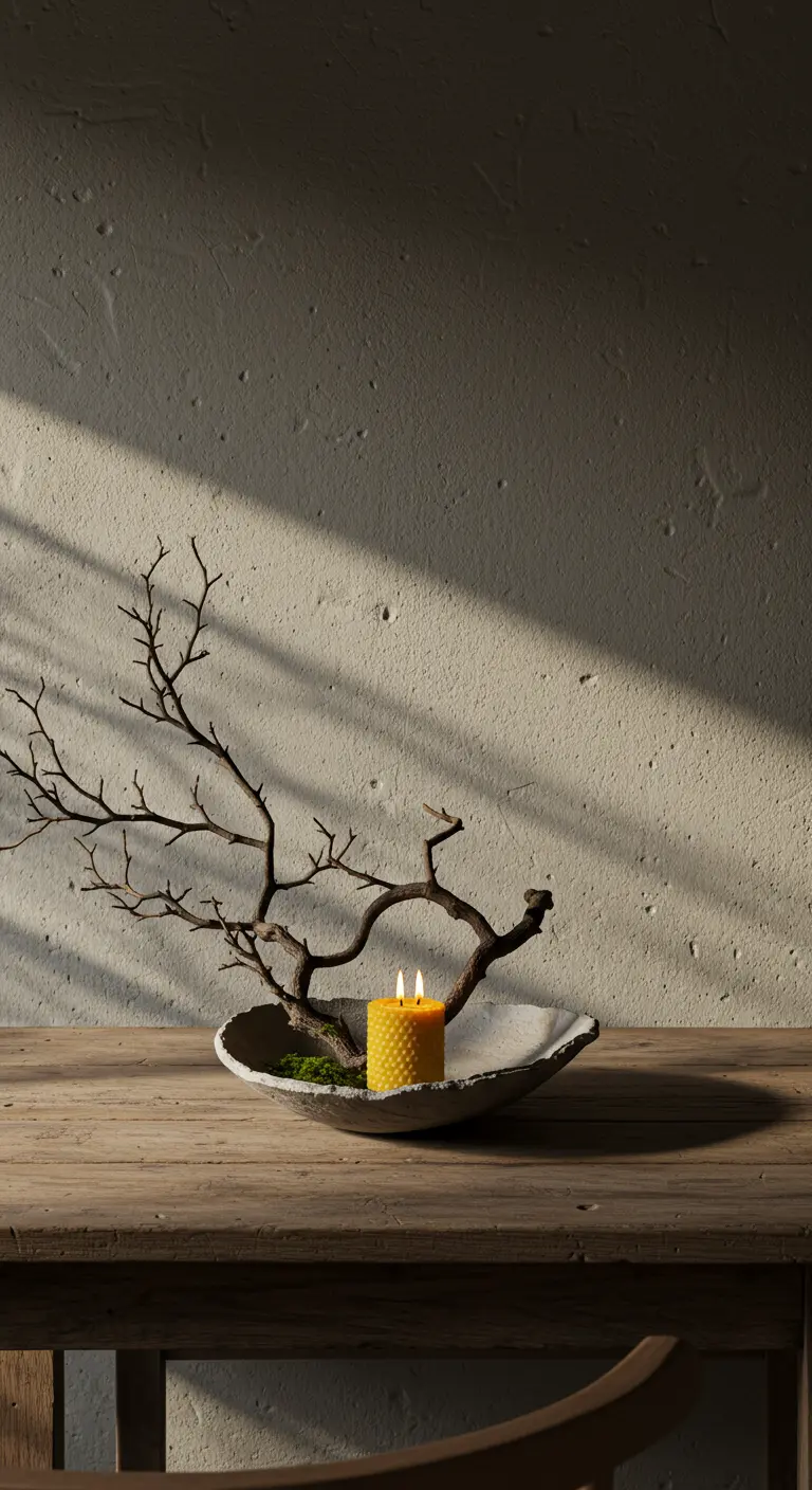 Composition wabi-sabi avec branche, mousse et bougie en cire d'abeille dans un bol en céramique.