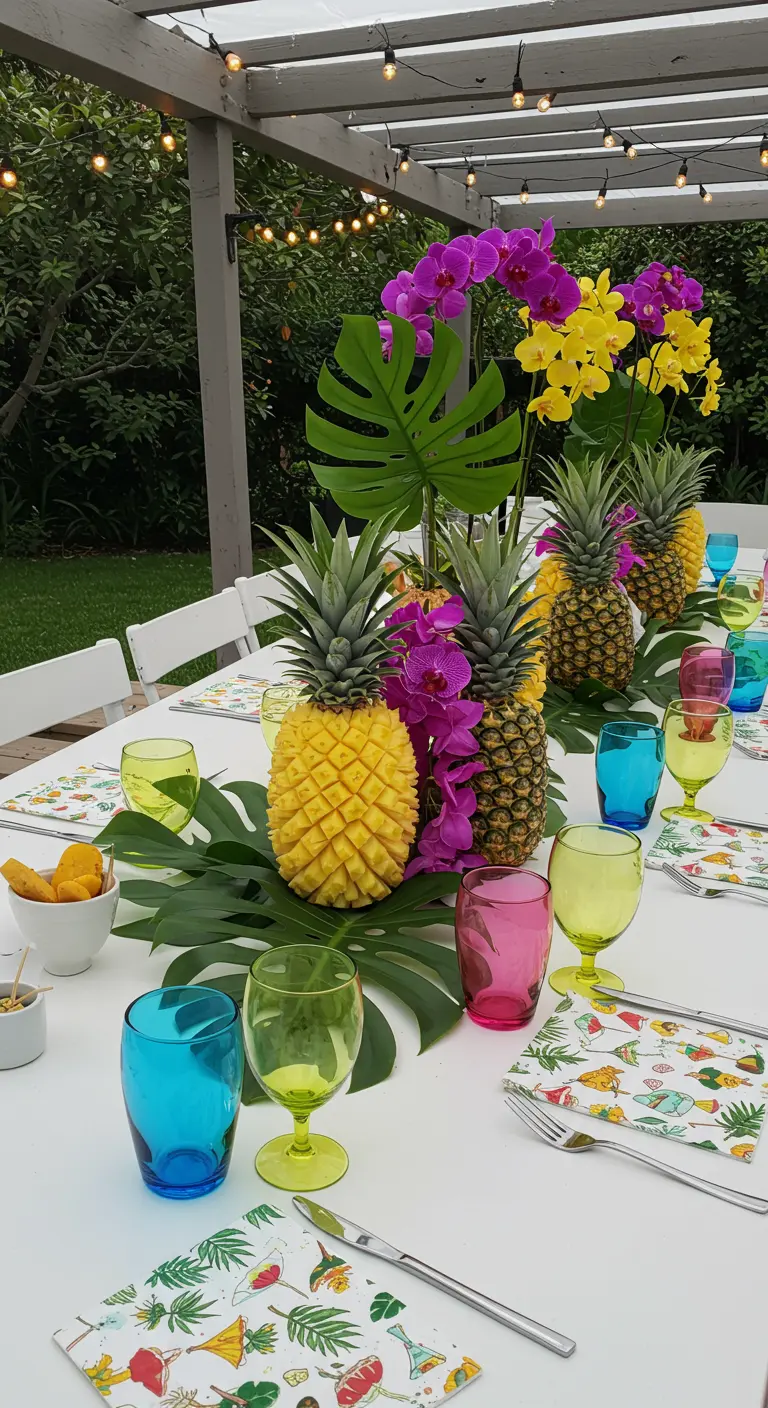 Longue table blanche avec ananas sculptés et entiers, feuilles de monstera, orchidées colorées, verres vifs.