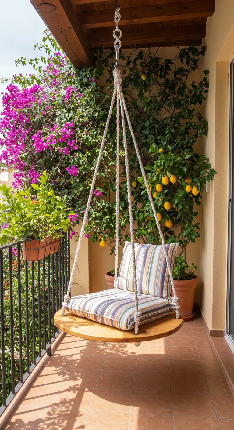 Balançoire ronde suspendue sur un balcon, entourée de bougainvilliers en fleurs et d'un citronnier.