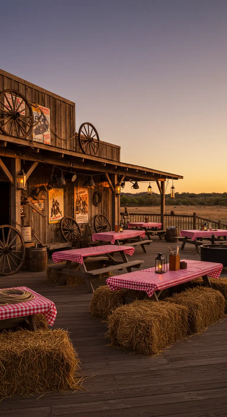 Décor de saloon western en extérieur avec des tables de pique-nique au coucher du soleil.