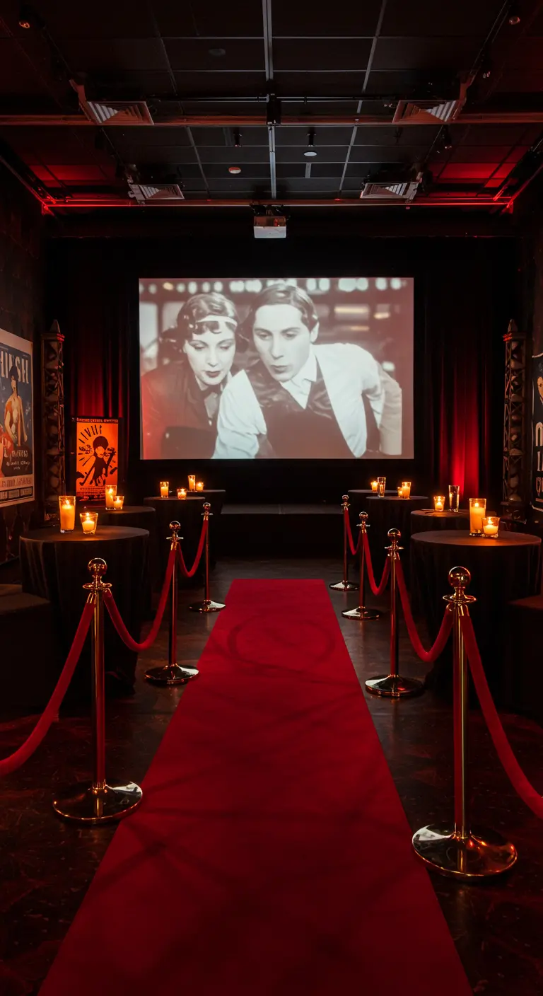 Une salle de projection de style vintage avec un tapis rouge et un film muet à l'écran.