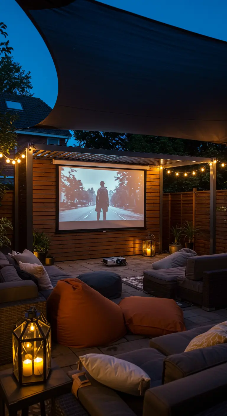 Cinéma en plein air sous une pergola, avec un écran, un projecteur et des assises confortables.