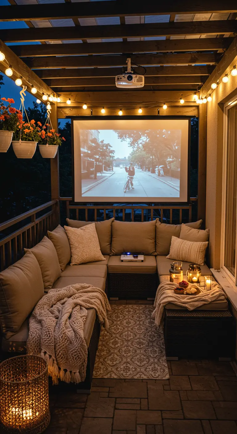 Balcon aménagé en cinéma en plein air avec projecteur, canapé et guirlandes.