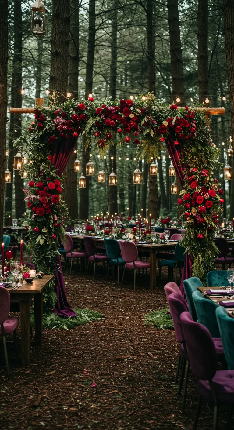 Arche florale rouge et lierre dans une forêt, avec lanternes suspendues et chaises colorées.