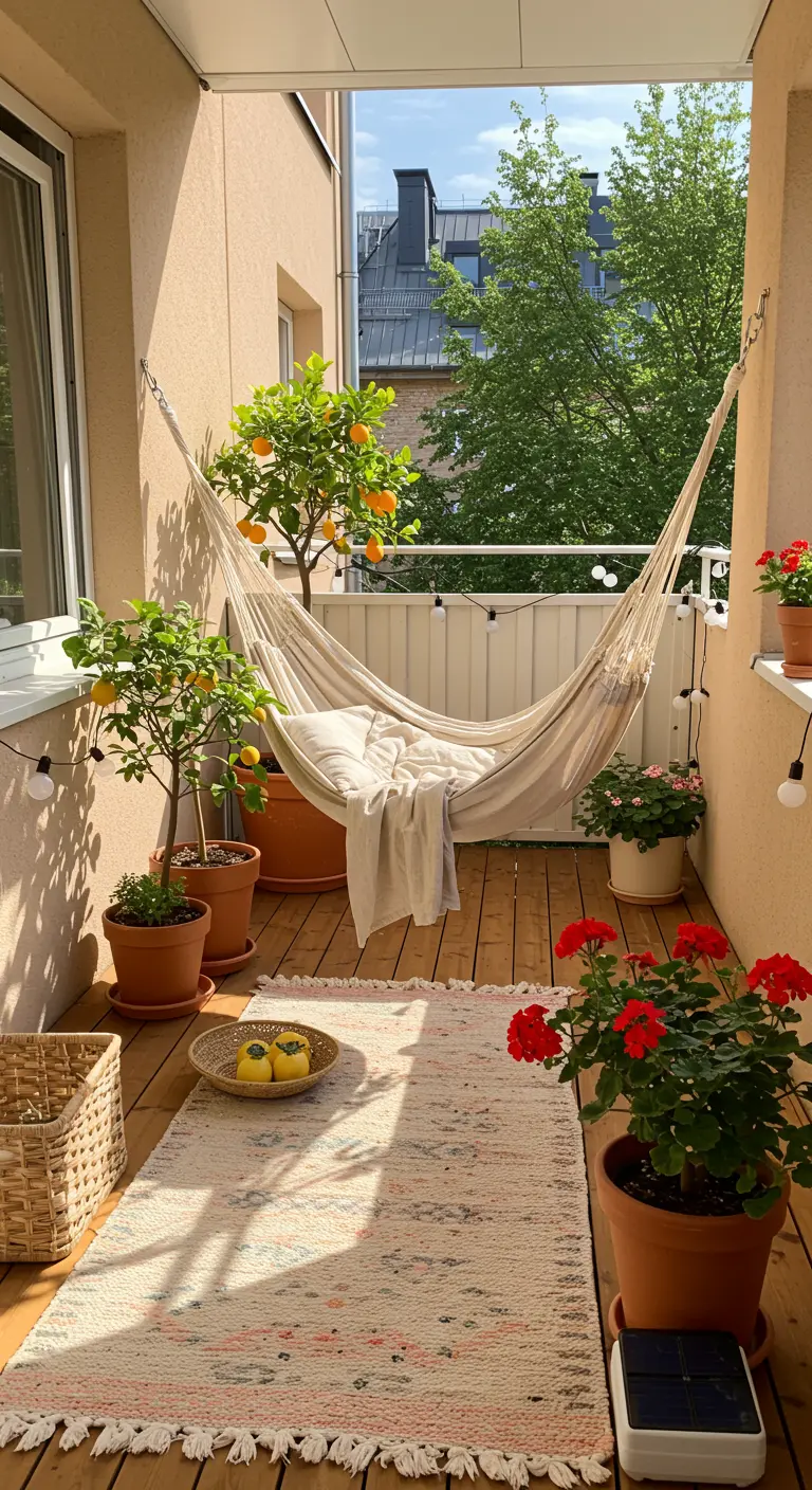 Balcon méditerranéen avec hamac, orangers en pots, géraniums rouges et tapis clair.