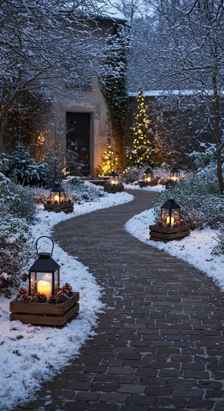 Chemin sinueux enneigé bordé de lanternes posées sur de petites caisses en bois.