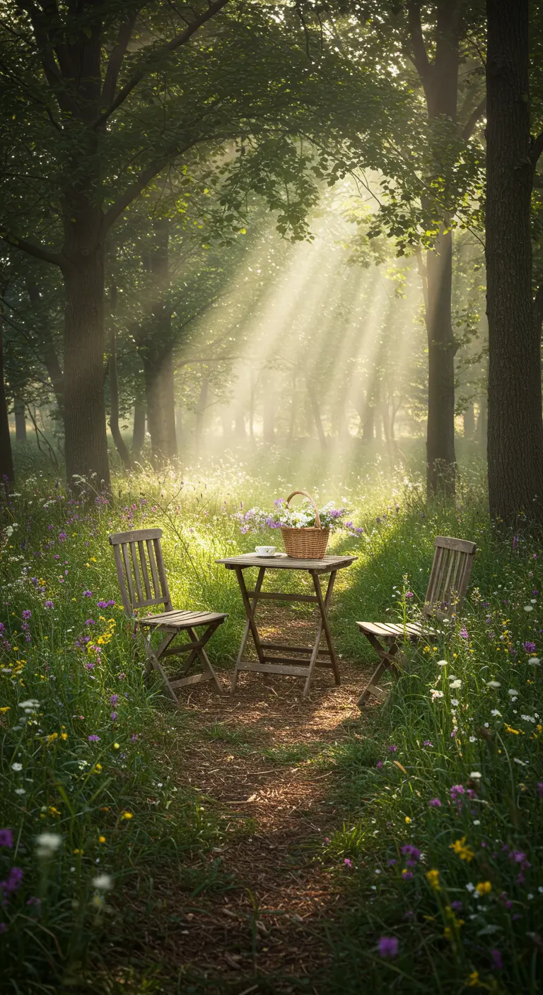 Bistro set en bois dans un sous-bois fleuri avec un panier de fleurs, éclairé par des rayons de soleil.