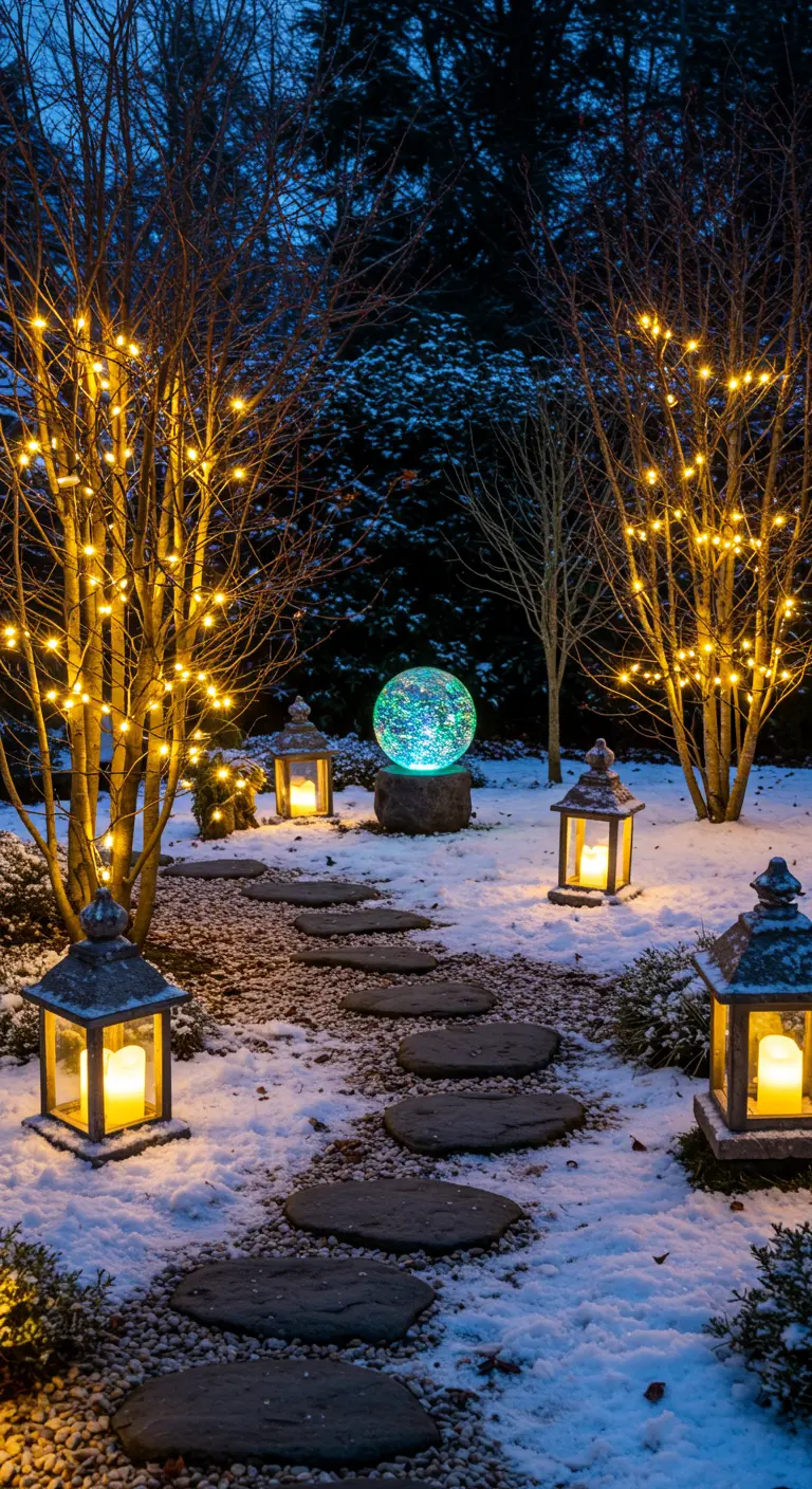 Sentier de jardin enneigé éclairé par des lanternes, des arbres avec guirlandes LED et une sphère lumineuse centrale.