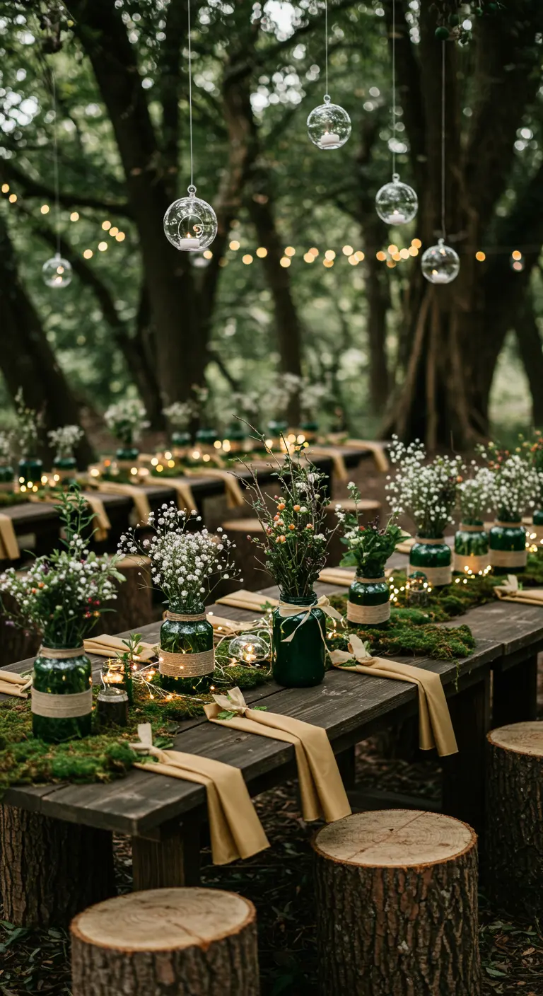 Longues tables en bois dans une forêt, décorées de chemins de table en mousse, bocaux fleuris et guirlandes lumineuses.