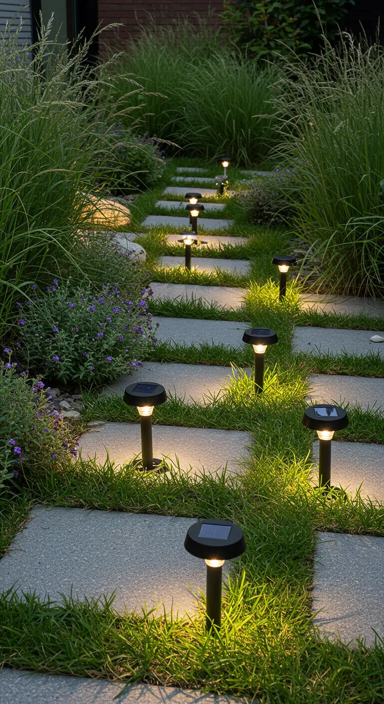 Chemin de dalles envahi par l'herbe et éclairé par de petites bornes solaires.