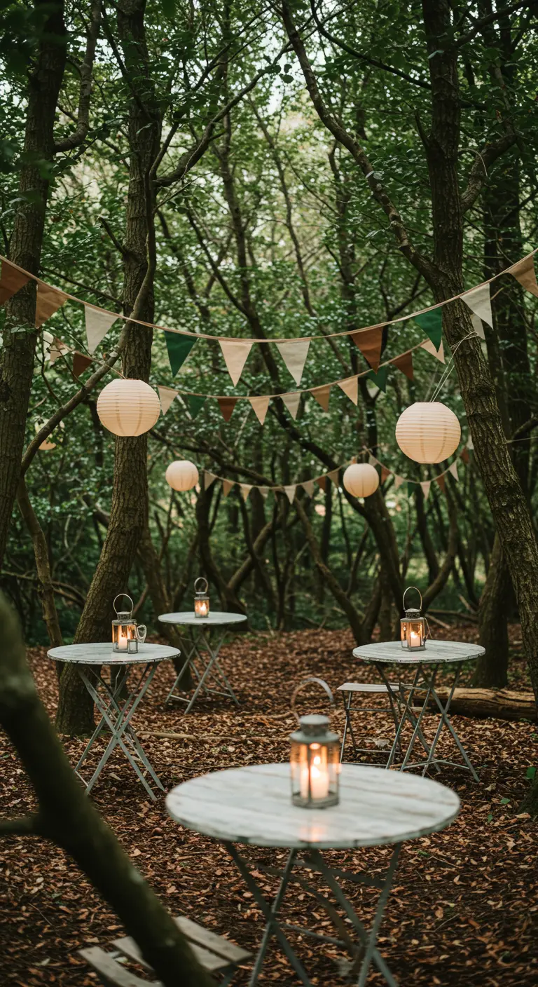 Sentier forestier avec petites tables, lanternes à bougies, lampions crème et fanions, ambiance mystérieuse.