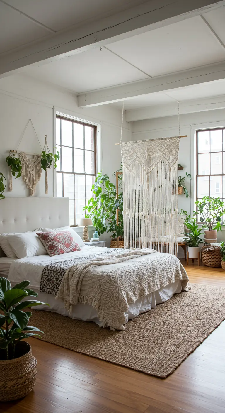 Grande chambre lumineuse avec grand macramé servant de séparateur de pièce et de nombreuses plantes.