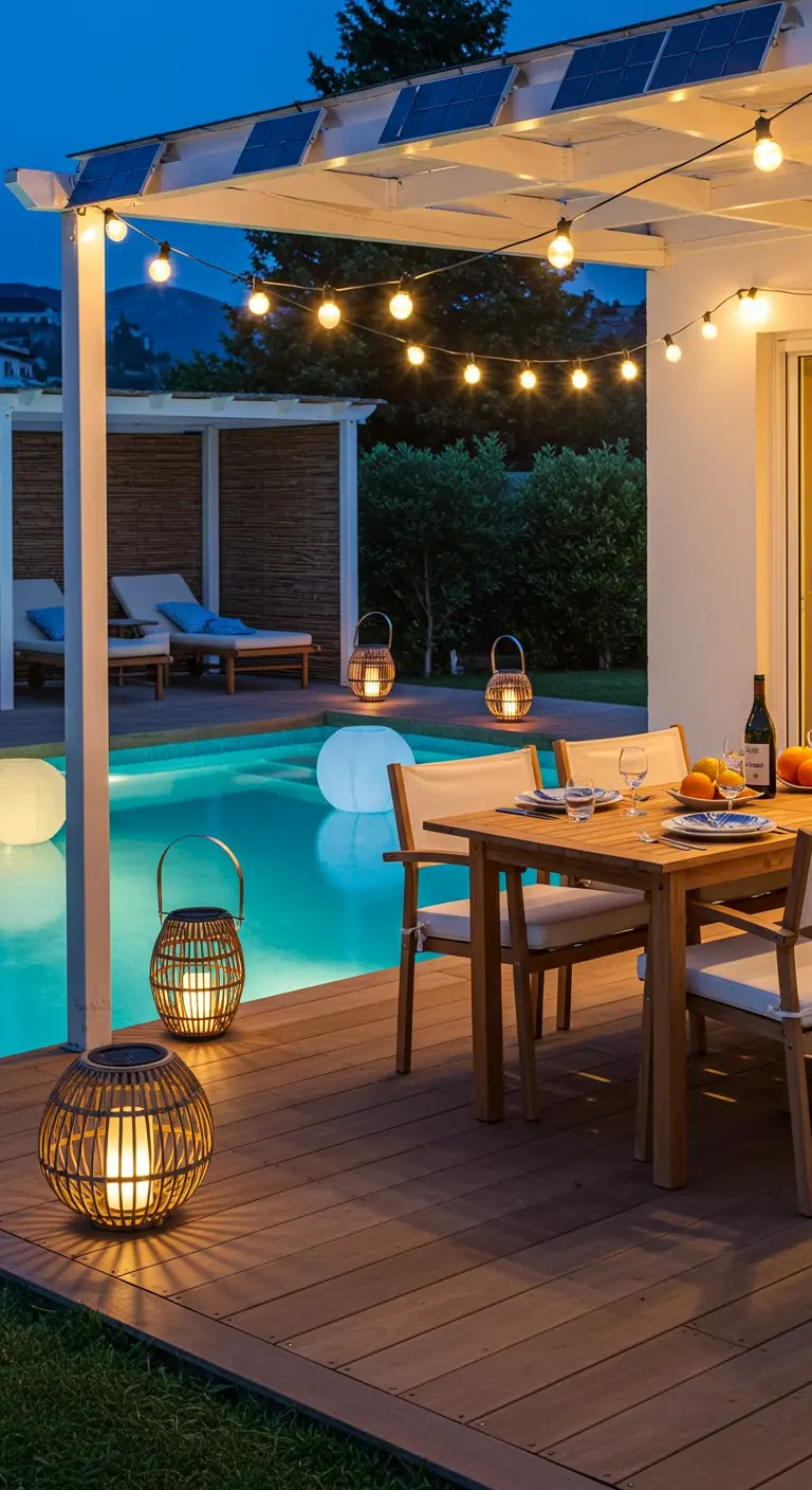 Dîner au bord de la piscine avec pergola solaire, guirlandes et lanternes en rotin.