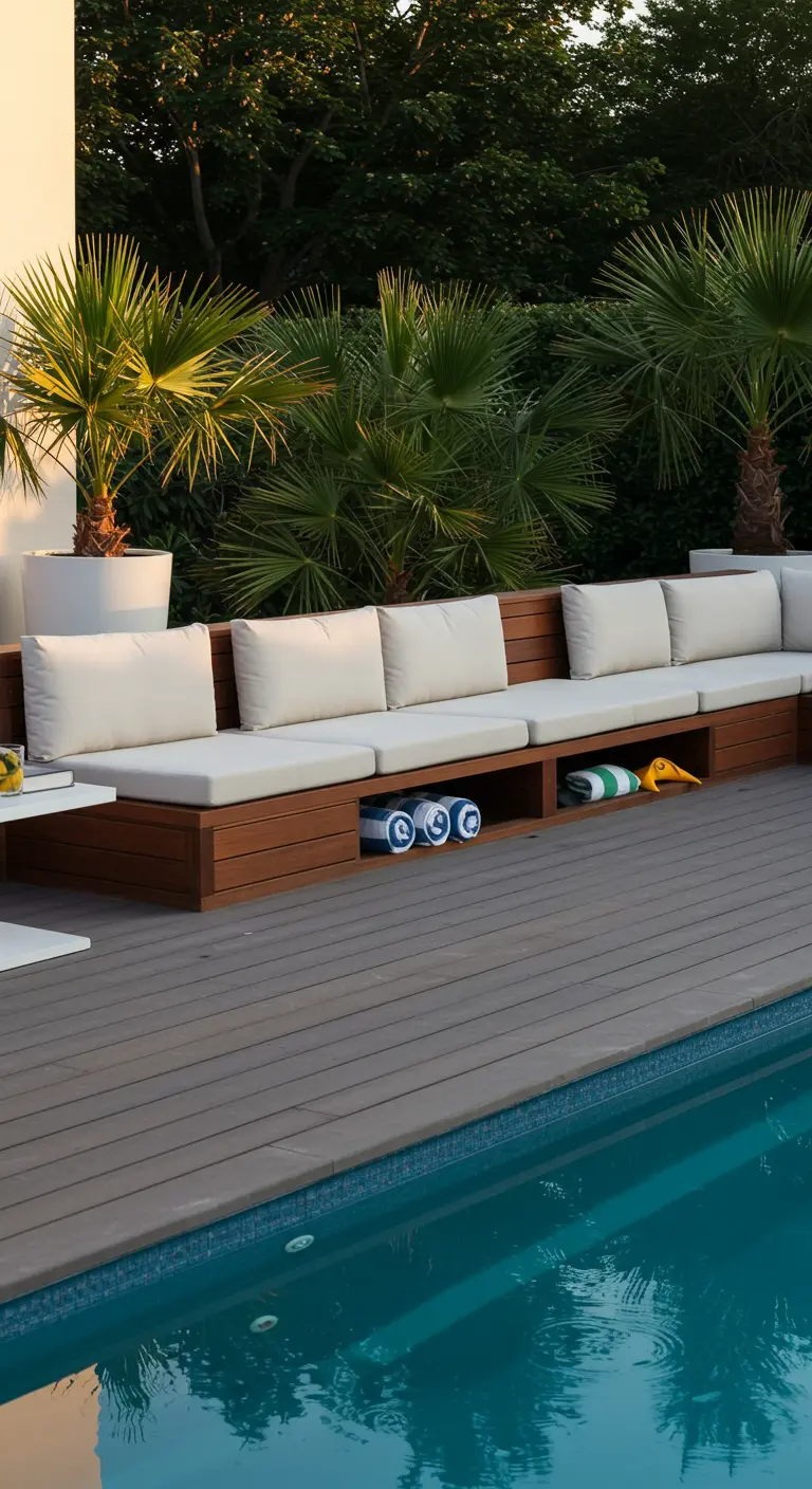 Banquette en bois au bord de la piscine avec rangements ouverts pour les serviettes, sur une terrasse en bois.
