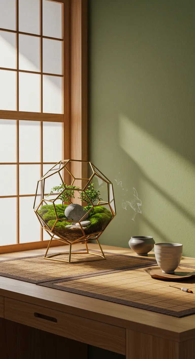 Grand terrarium géométrique en laiton avec mousse et bonsaï sur une table en bois clair près d'une fenêtre japonaise.