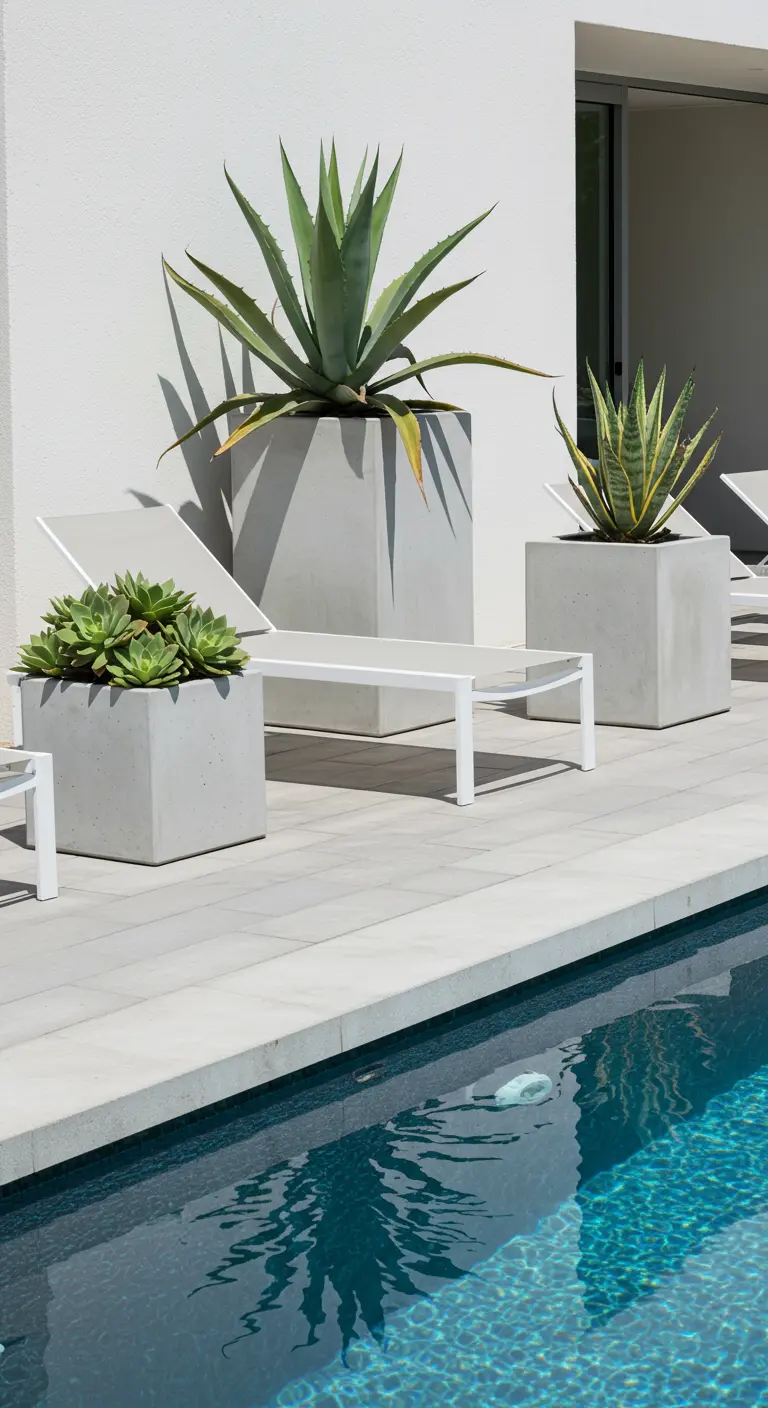 Grands pots carrés en béton avec agaves et succulentes près d'une piscine moderne, chaises longues blanches.