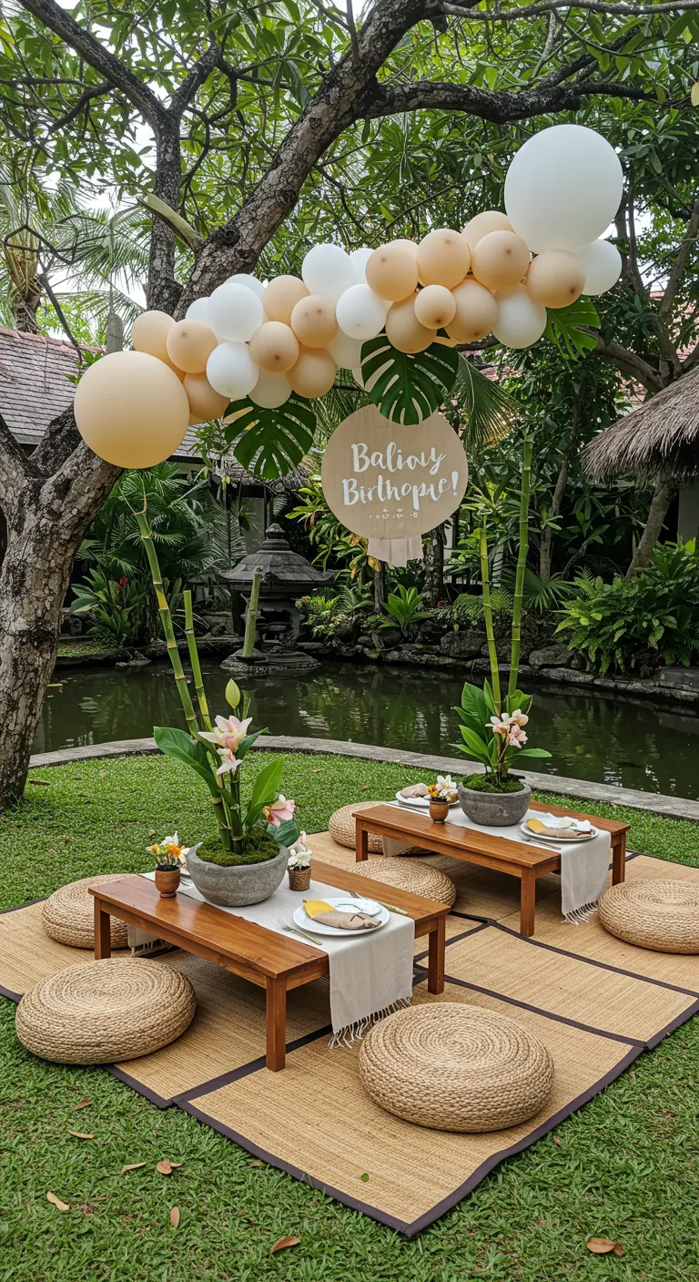 Pique-nique d'anniversaire style balinais avec des tables basses, des nattes et des ballons beiges.