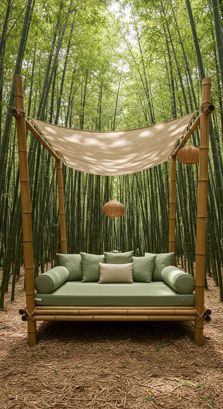 Lit de jour en bambou avec un auvent en toile de jute