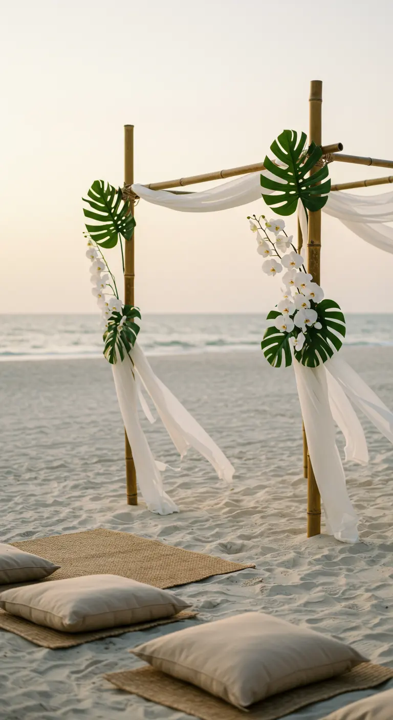 Arche en bambou, orchidées blanches, monstera, drapés blancs, coussins de sol, plage.