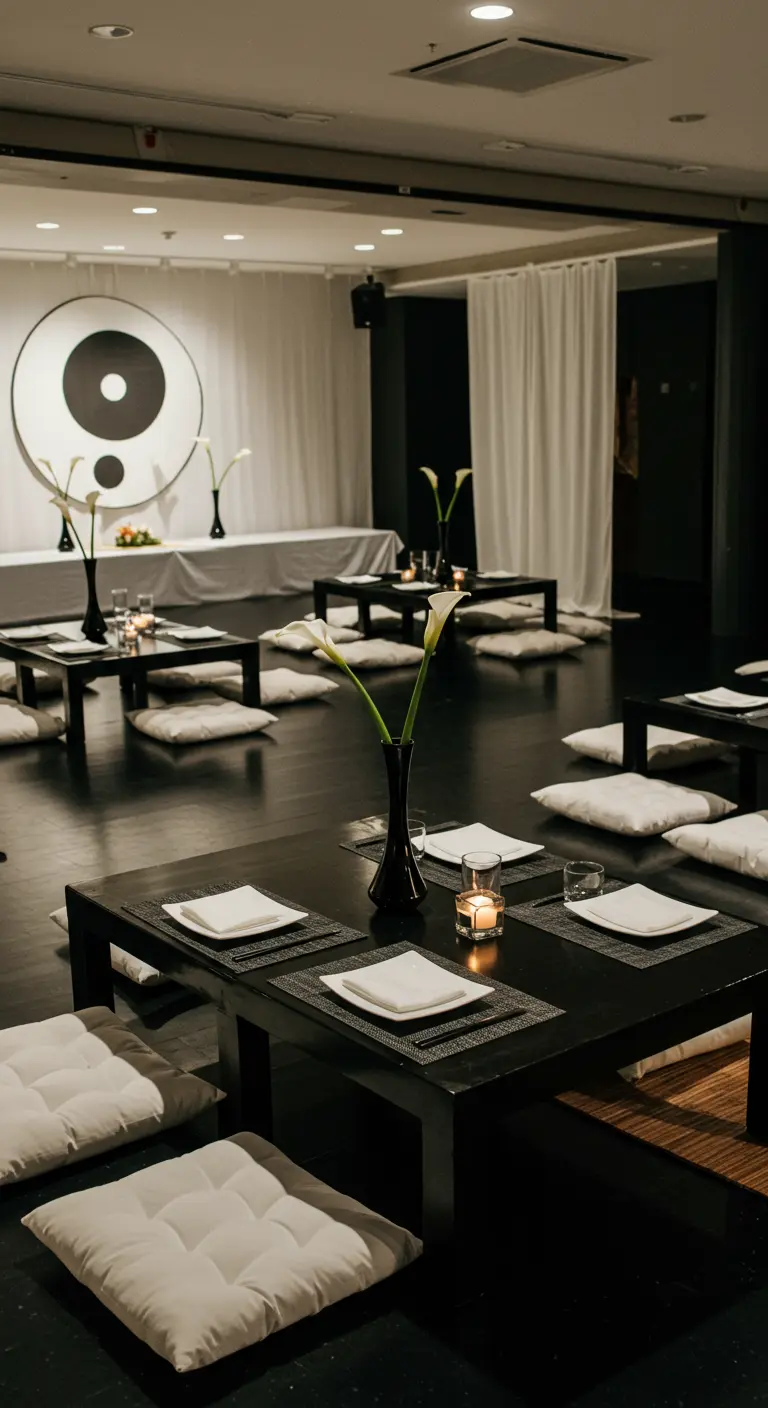 Ambiance de dîner zen avec tables basses noires et coussins de sol blancs.
