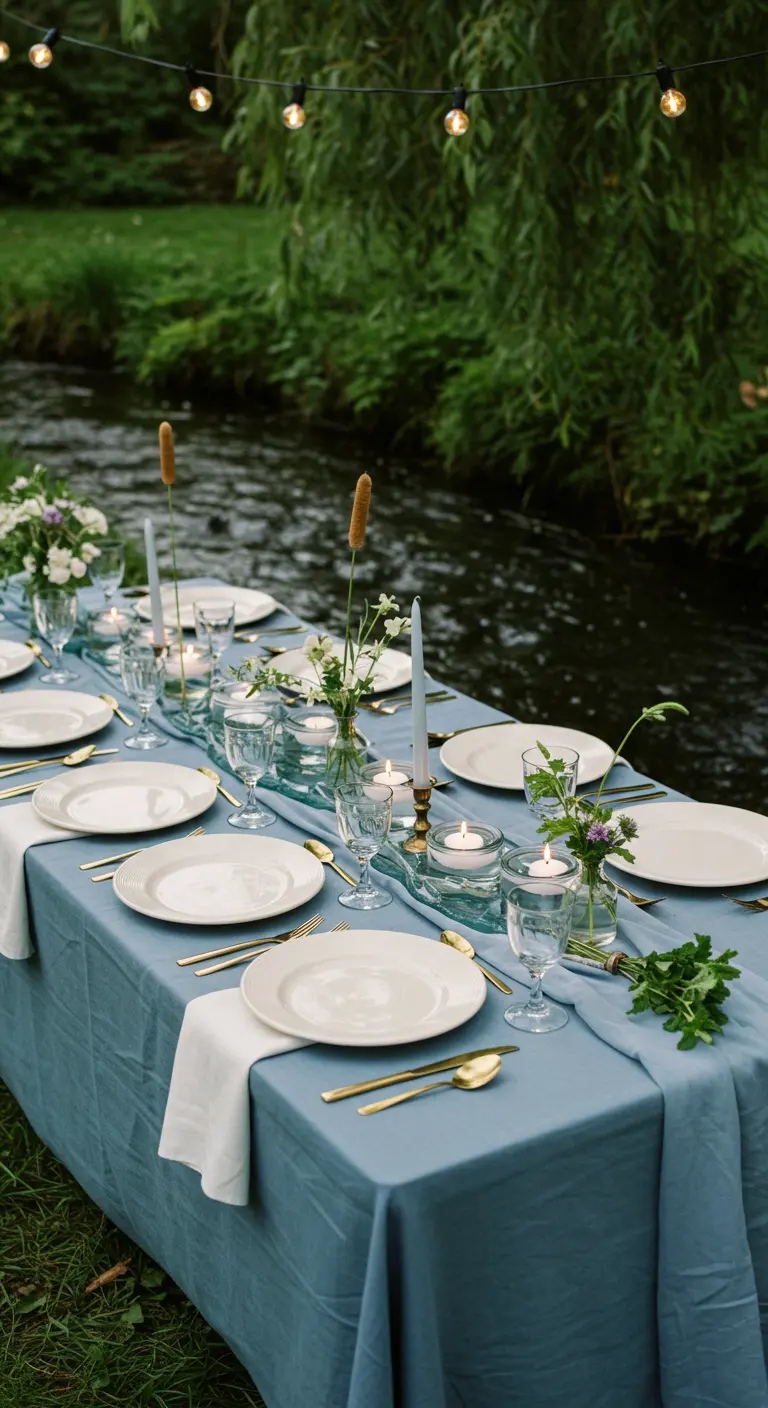 Table avec nappe bleue près d'une rivière, fleurs simples, bougies flottantes.