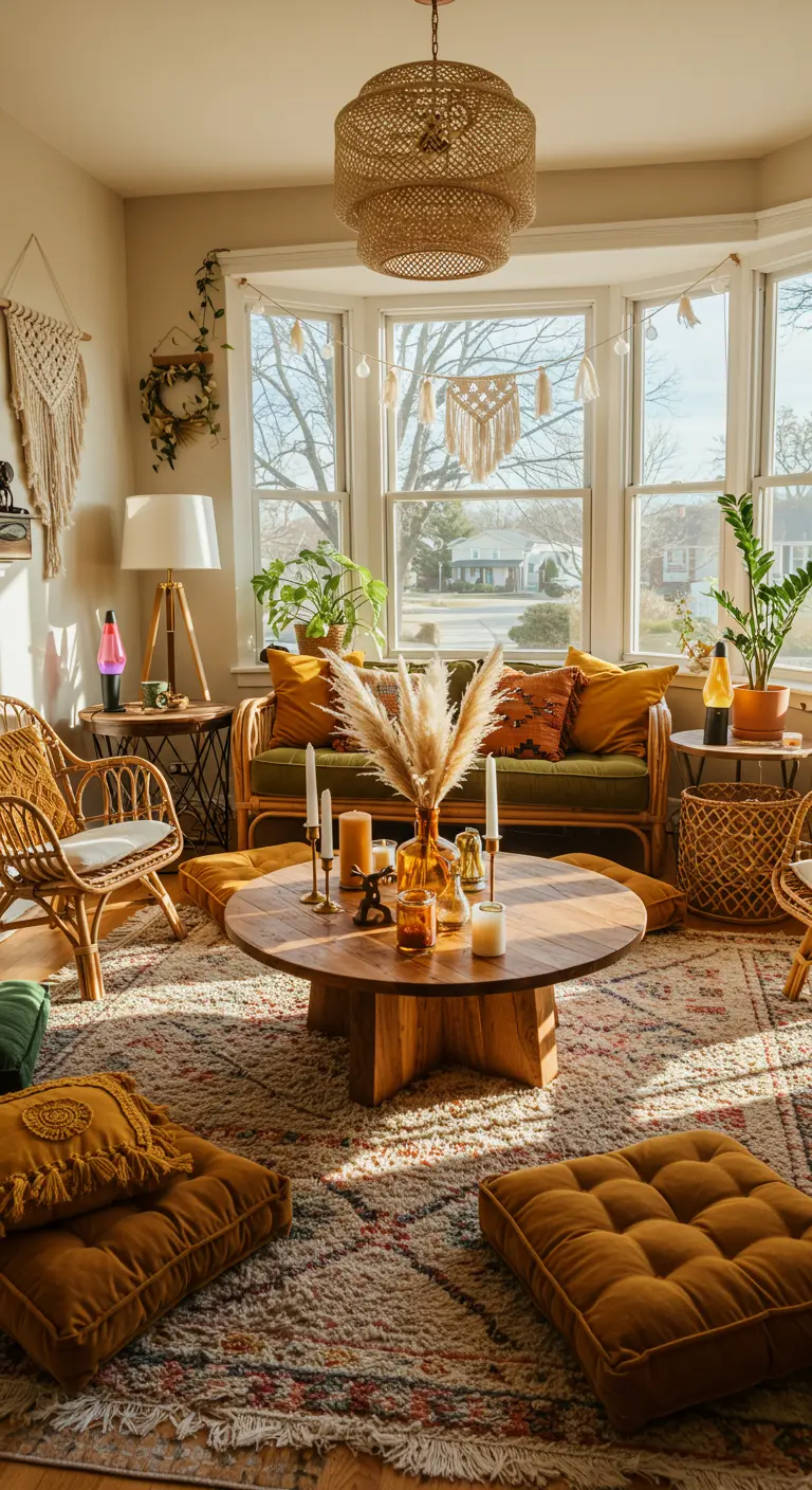 Centre de table bohème avec herbe de la pampa, bougies et vase ambré sur table basse en bois.