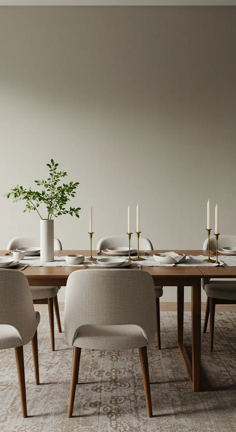 Table Japandi en bois clair, chaises crème, vase avec verdure, chandeliers dorés sur fond clair.