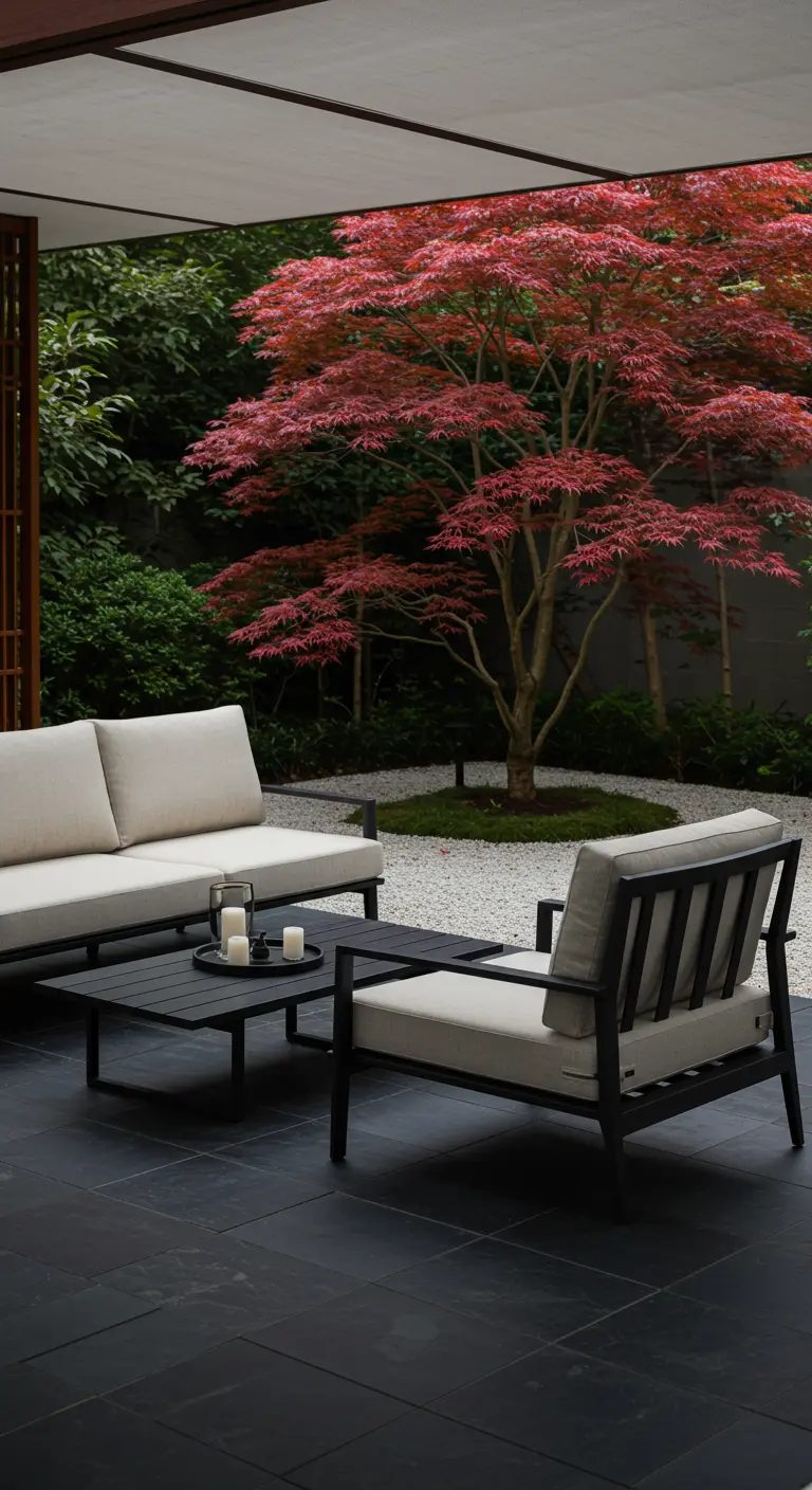 Salon de jardin noir et écru dans un jardin zen avec un érable du Japon rouge.