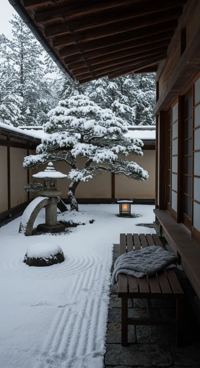 Jardin japonais sous la neige avec un pin, une lanterne et un banc.