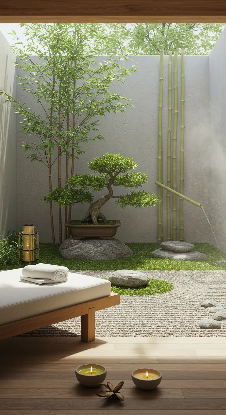 Jardin zen avec gravier ratissé, bambous, bonsaï, fontaine, transat blanc et bougies au sol.