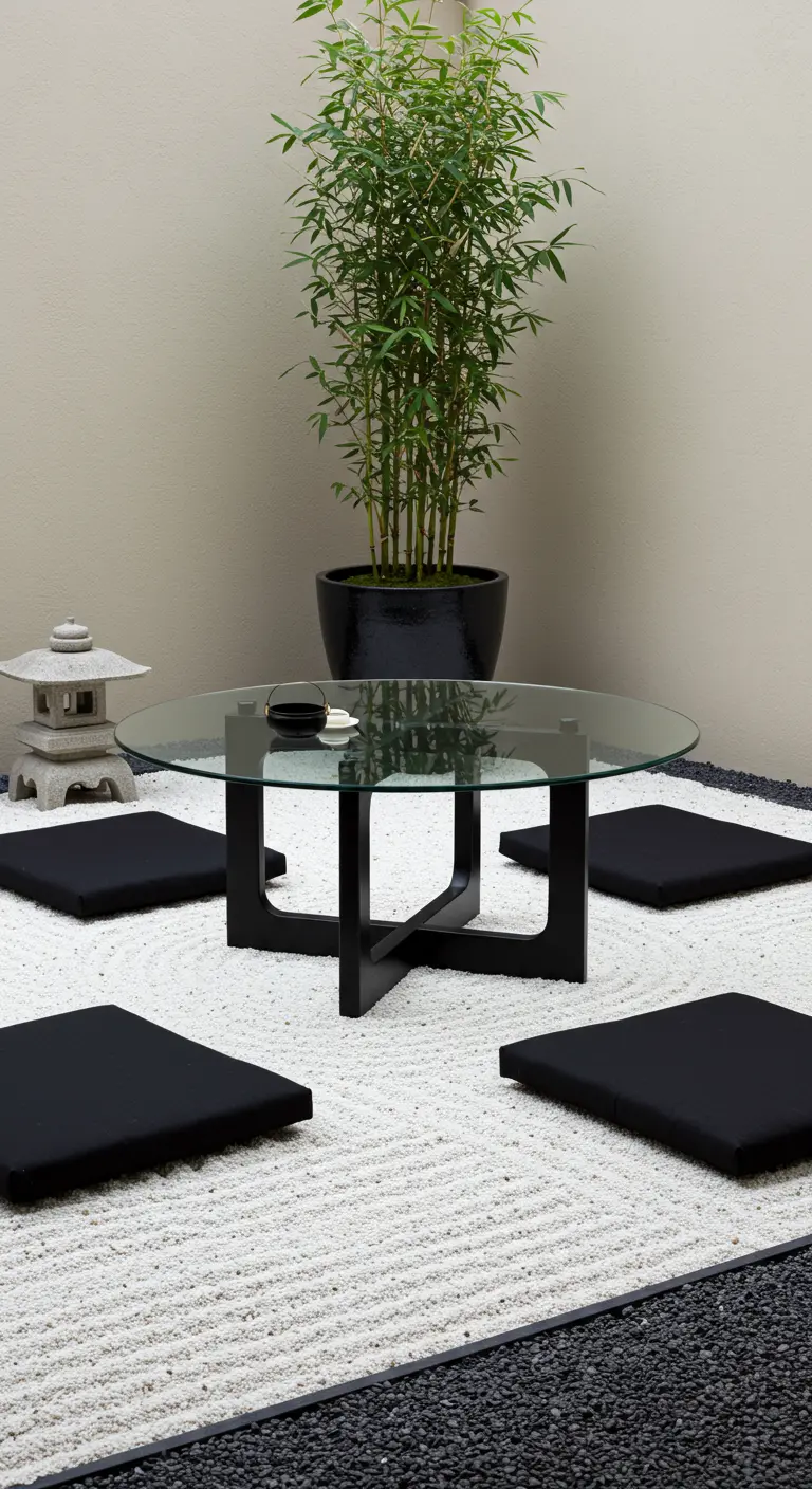 Table basse noire de style japonais sur un lit de sable blanc.
