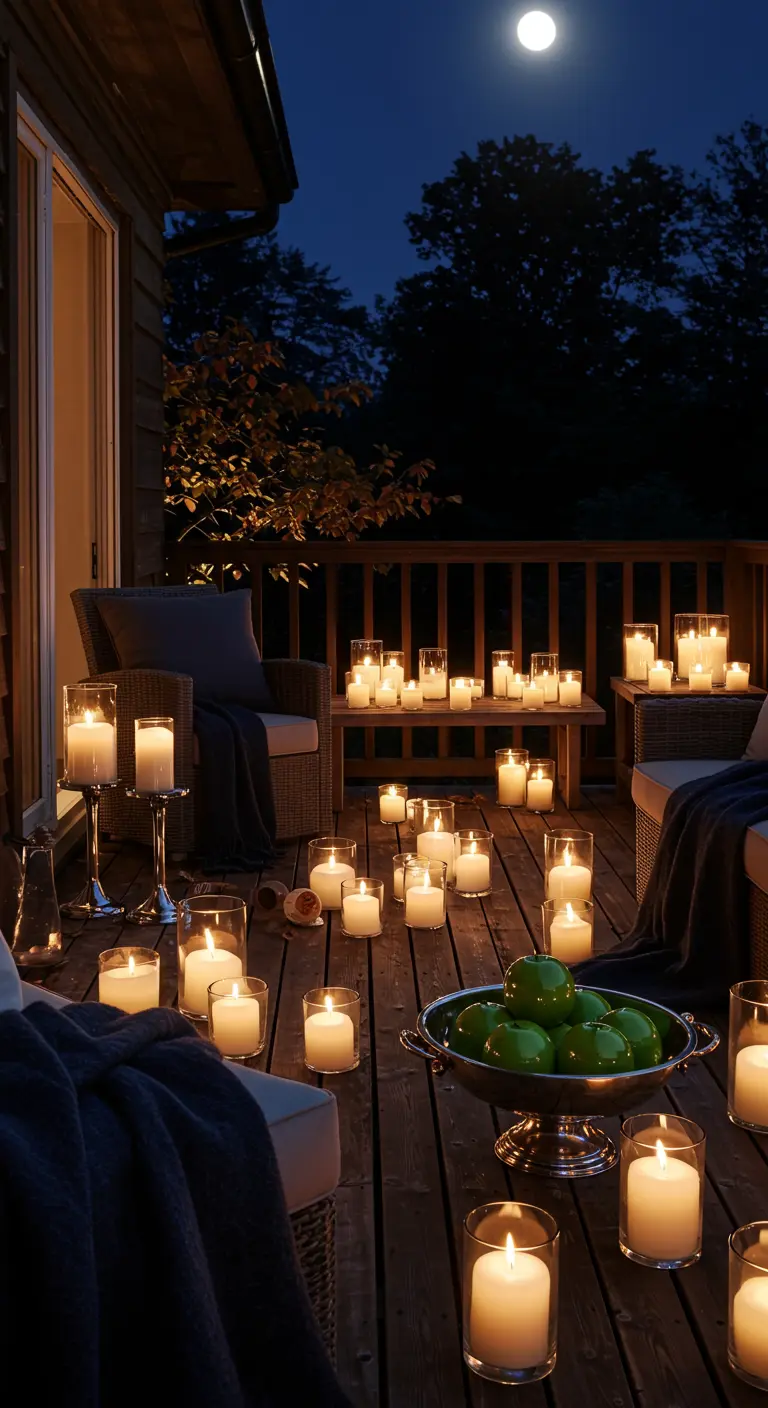 Terrasse en bois la nuit, éclairée par des dizaines de bougies dans des verres.