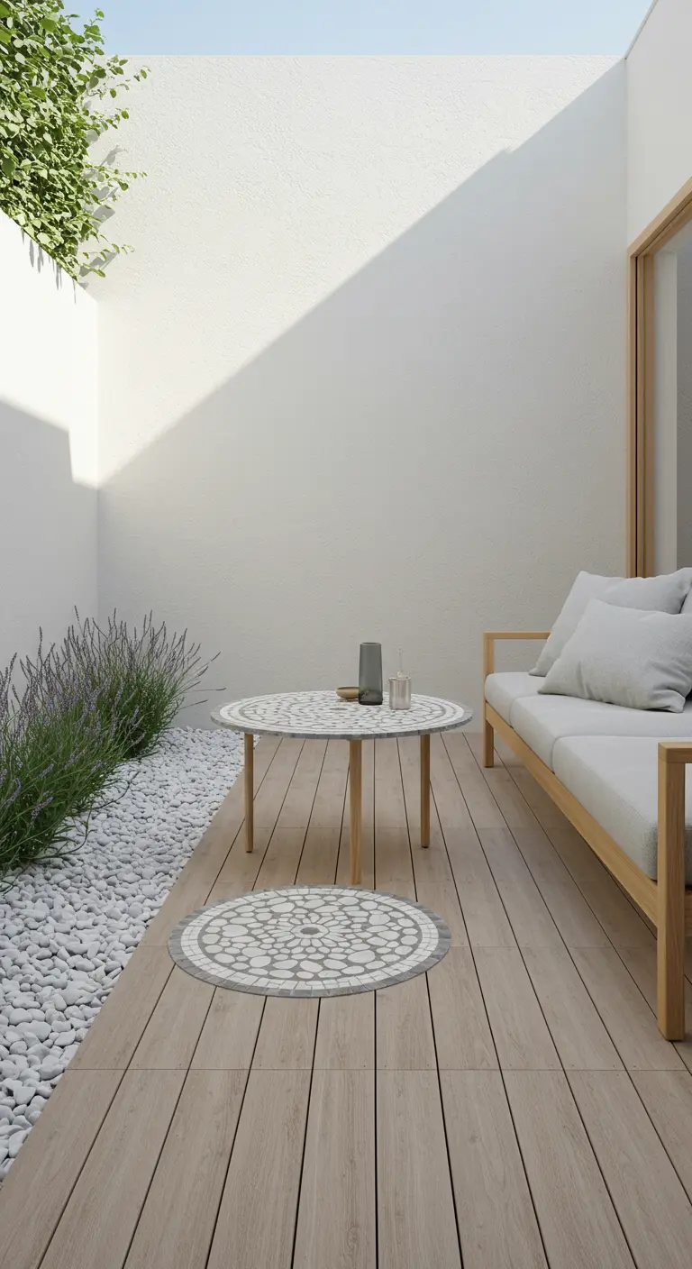 Table ronde en mosaïque de galets blancs dans un patio minimaliste.