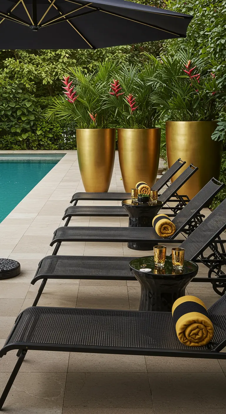 Chaises longues noires au bord d'une piscine avec tables d'appoint et grands pots dorés.