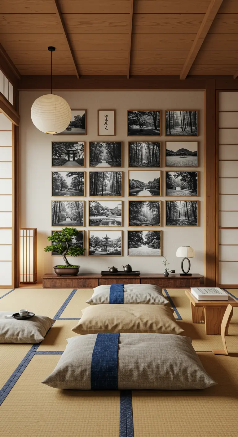 Salon japonais avec un mur de cadres noir et blanc de jardins zen, coussins de sol, bonsaï.