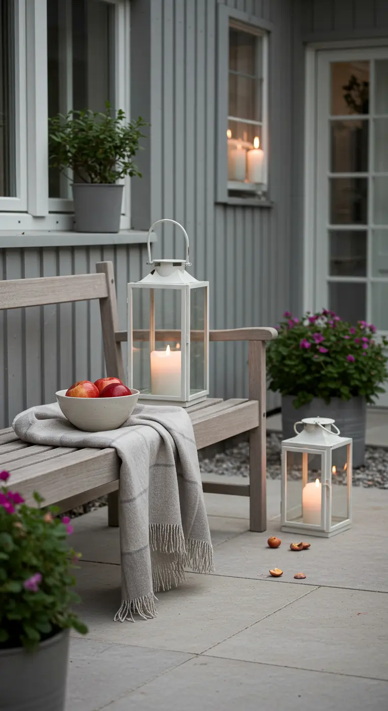 Banc en bois clair avec un plaid gris, des pommes et des lanternes blanches sur une terrasse.