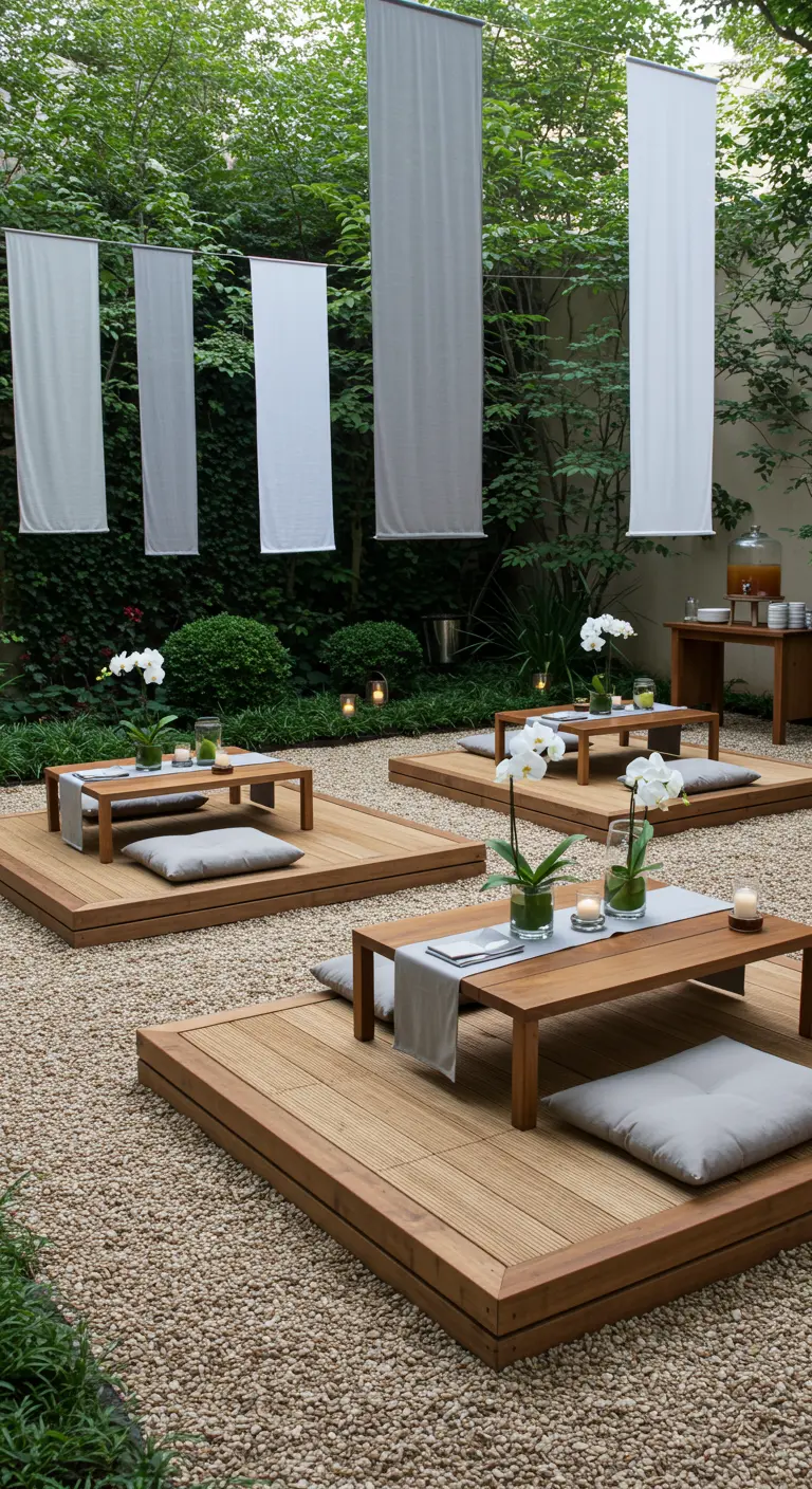 Fête dans un jardin zen avec plateformes en bois, coussins et bannières en tissu.
