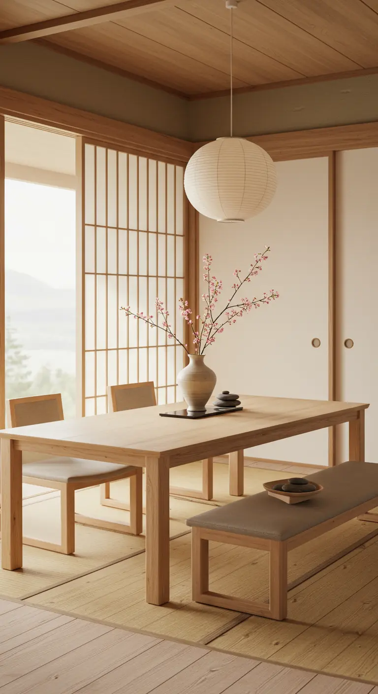 Salle à manger style Japandi avec une table en bois clair, un vase de fleurs de cerisier et des galets noirs.