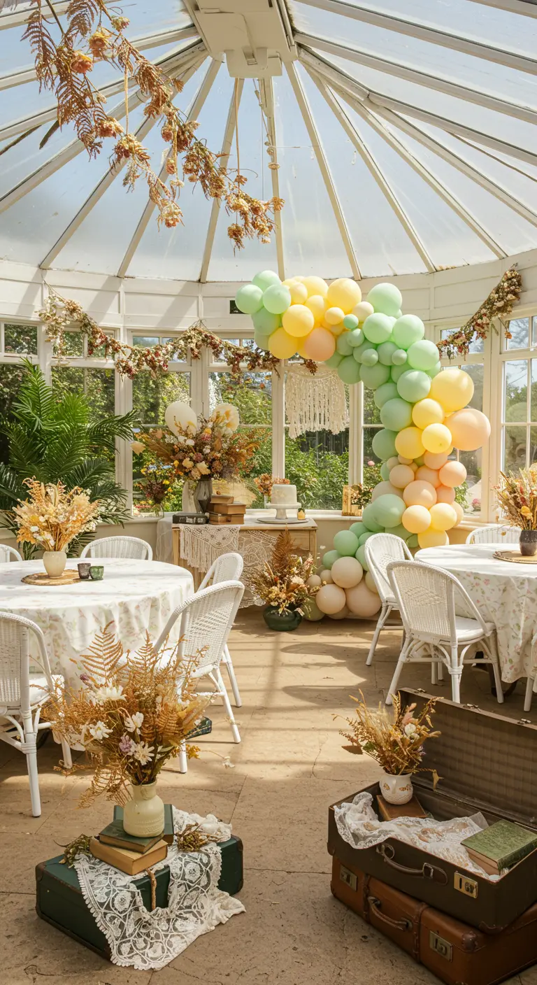Fête dans une véranda lumineuse avec arche de ballons pastel et arrangements de fleurs séchées.