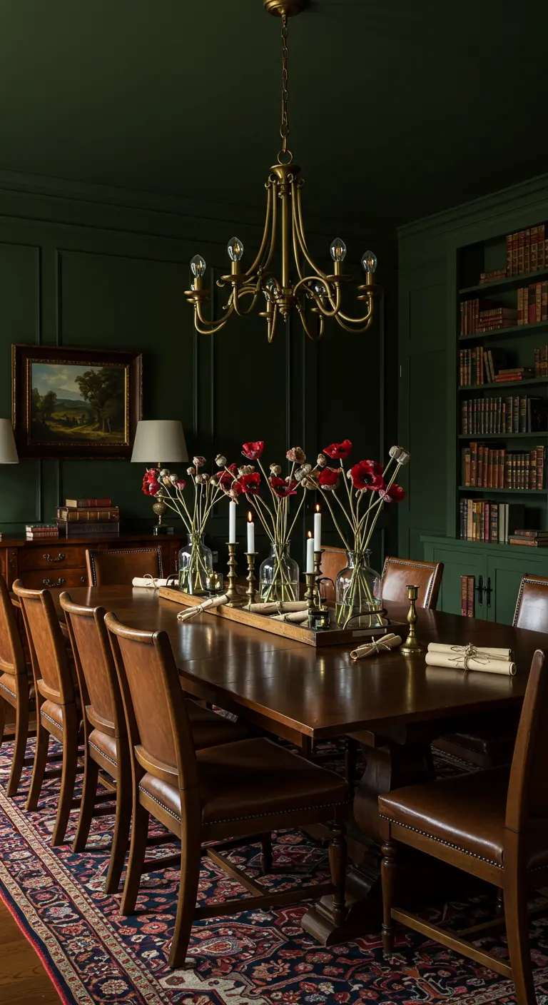 Salle à manger aux murs vert foncé avec une longue table en bois, un centre de table de coquelicots rouges et de bougeoirs en laiton.