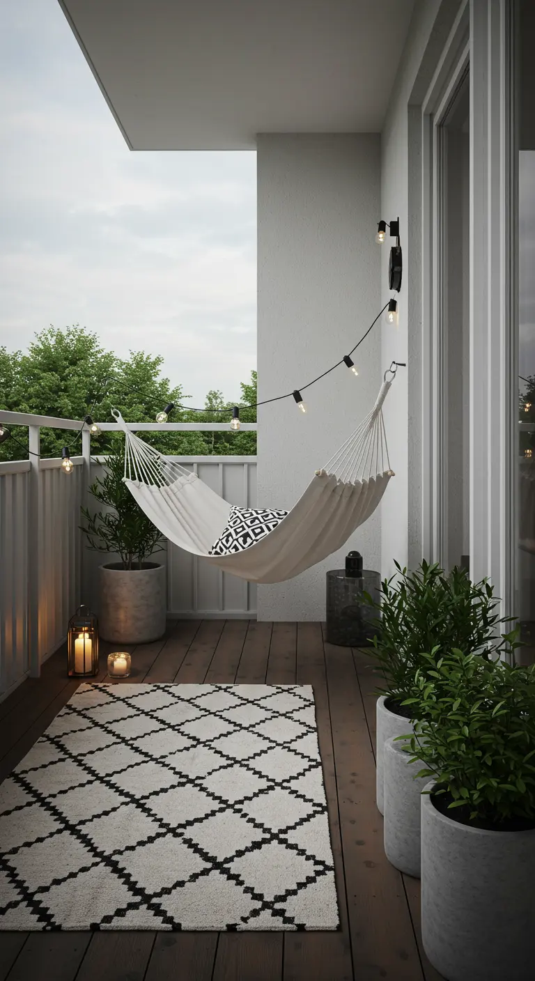 Balcon minimaliste avec hamac blanc, grands pots gris et tapis géométrique noir et blanc.