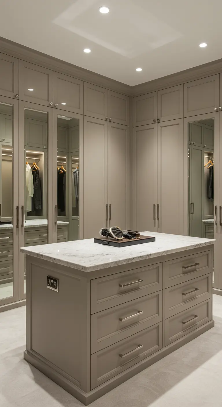 Dressing gris taupe élégant avec îlot central en marbre et portes de placard miroir.