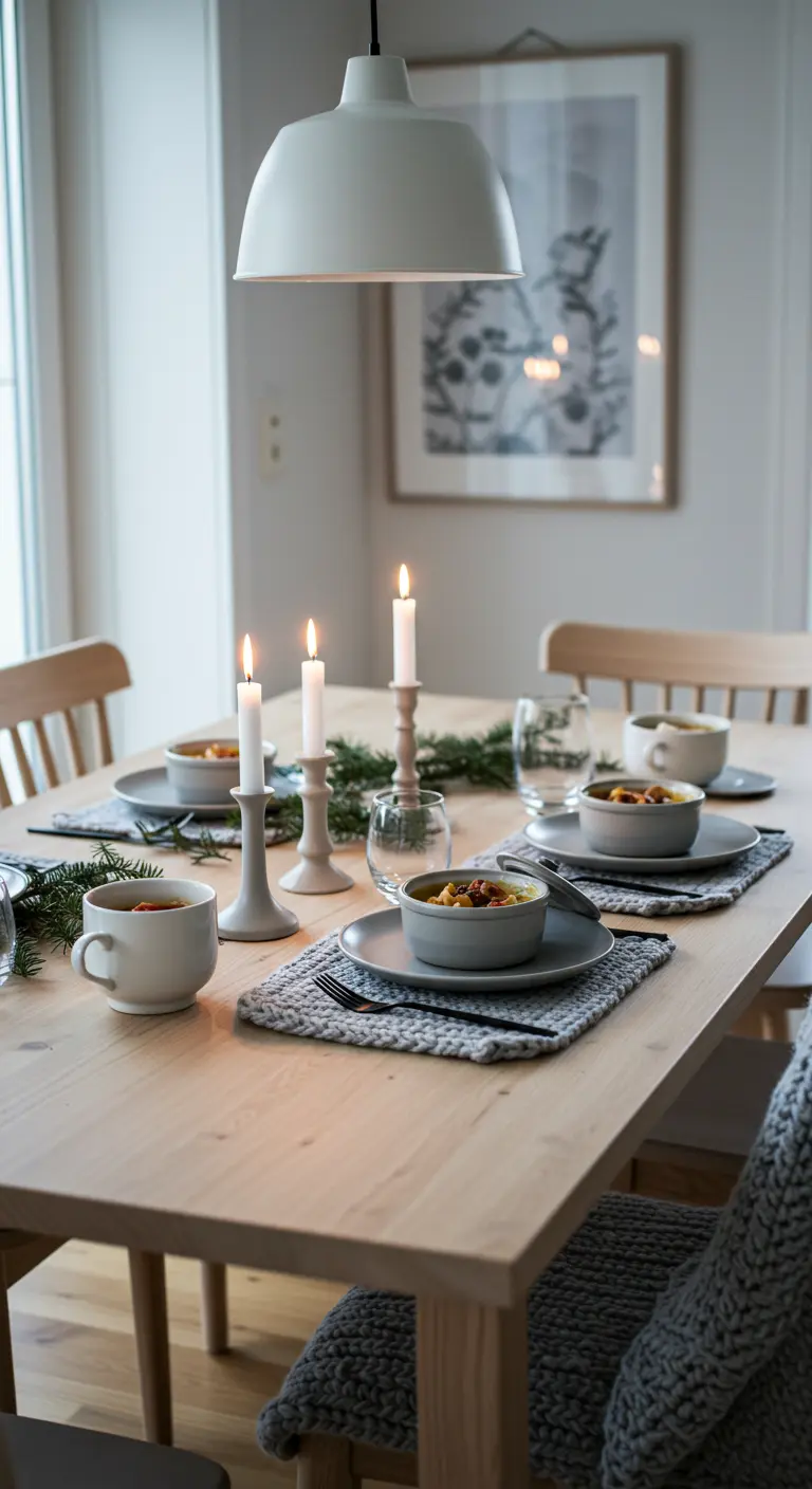 Table de salle à manger en bois clair décorée de verdure, bougeoirs et bougies pour une ambiance hivernale.