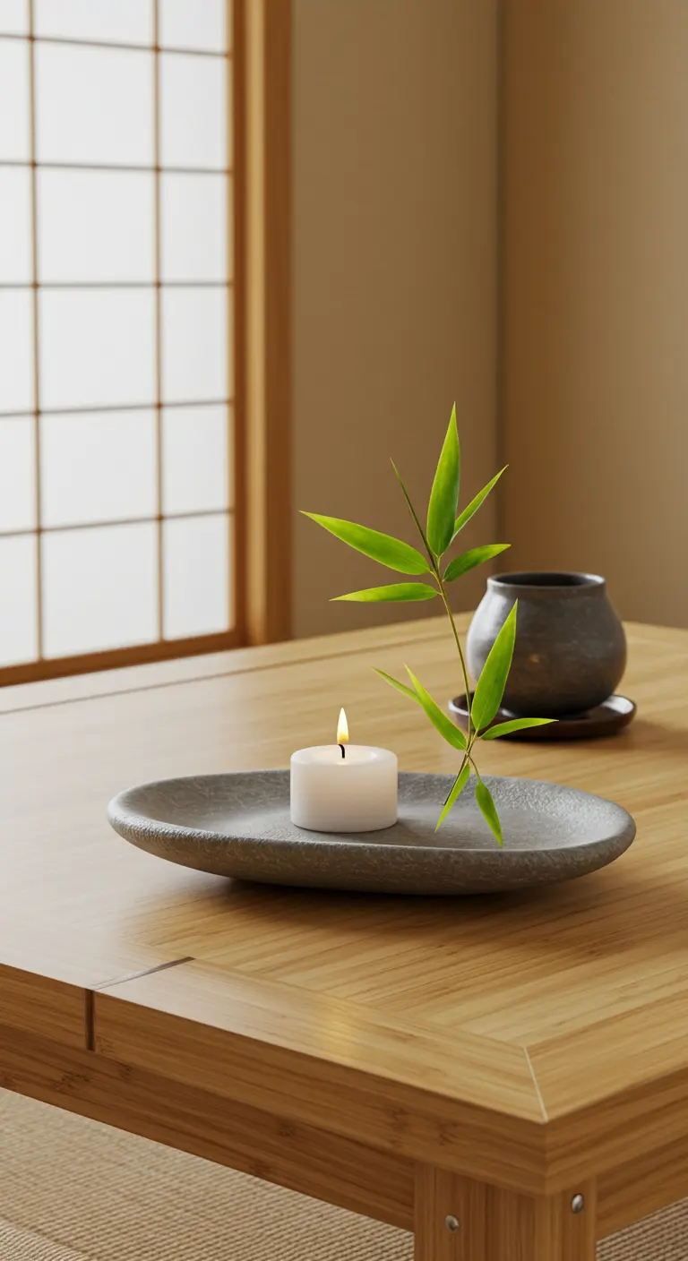 Composition zen avec bougie, tige de bambou et assiette texturée grise.