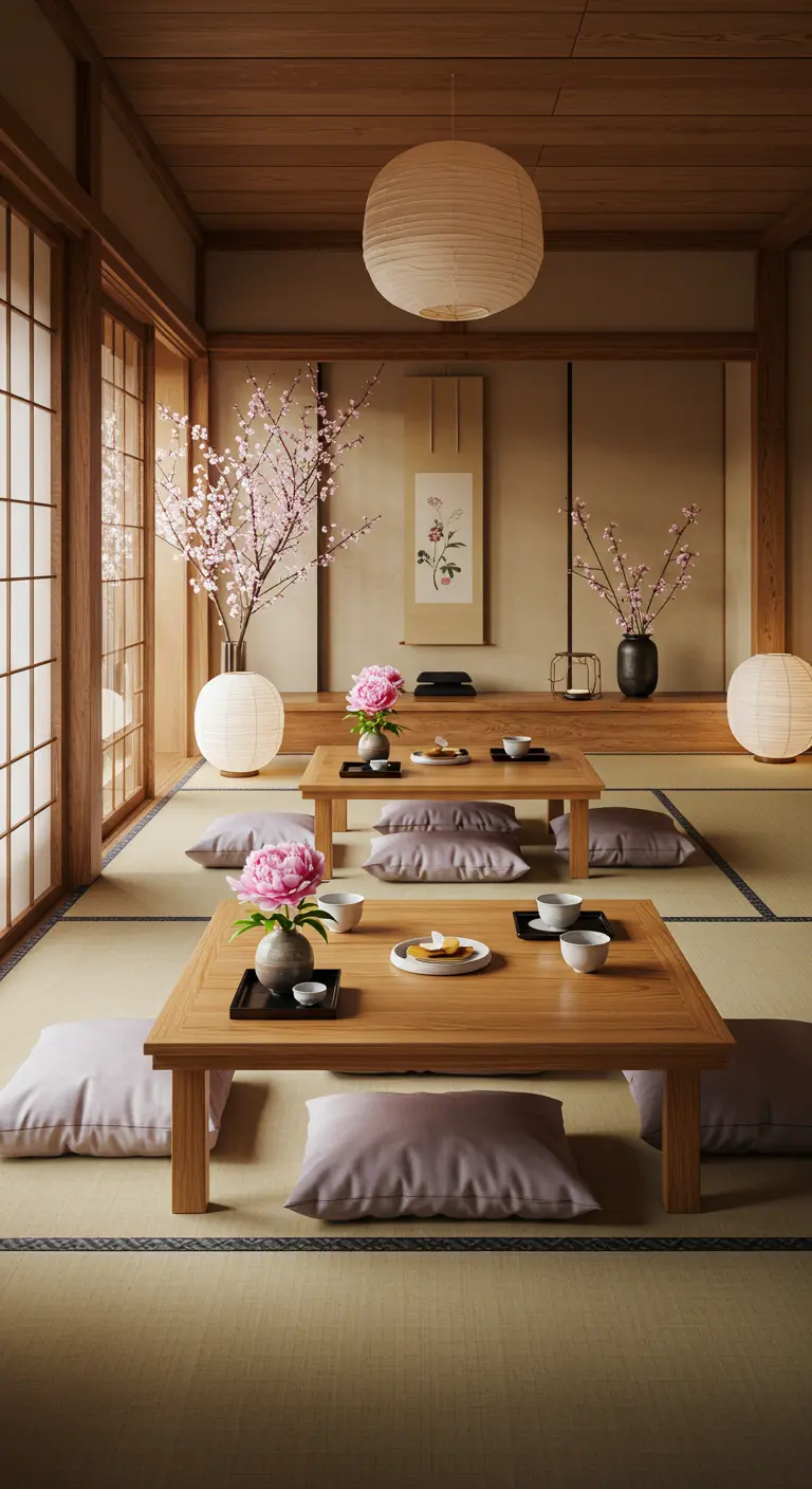 Salle de style japonais avec tables basses en bois, coussins, pivoines roses et lanternes.