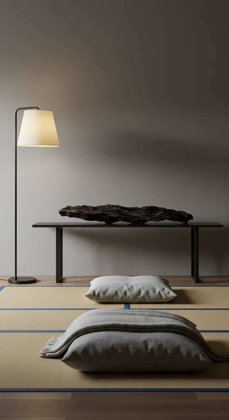 Espace minimaliste avec un banc bas, un coussin et une branche de bois flotté.